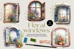 06 designs of vintage watercolor floral windows clipart flower lover bundle