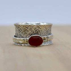 carnelian fidget spinner anxiety ring for women, gemstone & 925 sterling silver handmade unique jewelry, gift for her