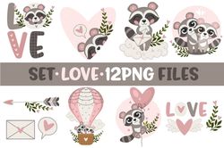 set love 12 valentines graphic cute raccoons sublimation digital designs