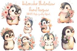 08 files of watercolor penguin png penguin floral sublimation design bundle