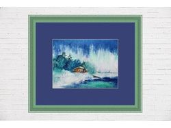 northern lights landscape painting watercolor miniature 5 by 7.5