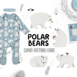 polar bears clipart, polar bear png, arctic bear seamless patterns, arctic bear digital paper