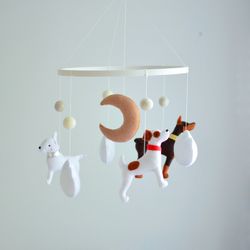 handmade baby mobile with puppies for nursery decor, dog crib mobile with doberman, jack russell and bull terrier