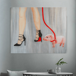 walking mini pig original oil painting on canvas abstract animal artwork woman legs modern minimalism wall art