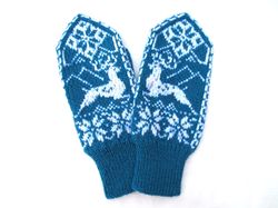 wool mittens with nordic deer hand knitted women norwegian snowflake merino wool mittens christmas gift for animal lover