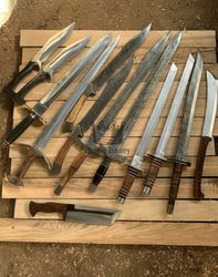 ixed lot of 13 damascus / carbon steel, 10 swords, 2 daggers and 1 cleaver knife, handmade blade, dark age swords,