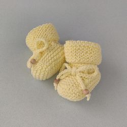 yellow knitted baby booties, cute newborn shoes, cotton new baby socks, cozy newborn booty