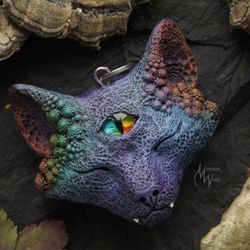 psychedelic jewelry, trippy cat, rainbow cat, mystical cat , magic mushrooms cat, shaman cat.