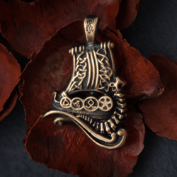 viking boat drakkar pendant on leather cord. dragon ship handmade necklace. scandinavian nautical pagan jewelry.