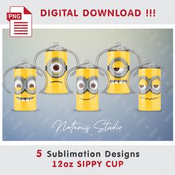 5 inspired minions sublimation designs - seamless sublimation patterns - 12oz sippy cup - full cup wrap