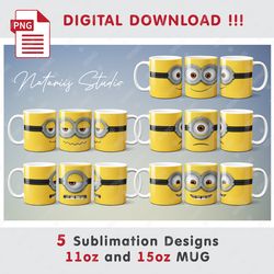 5 inspired minions sublimation designs - 11oz 15oz mug - digital mug wrap