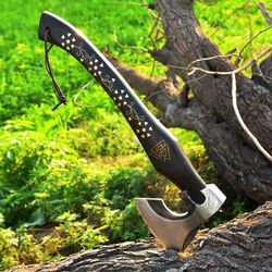 custom gift forged carbon steel viking axe hatchet rose wood shaft, bearded camping axe, best birthday & anniversary gif