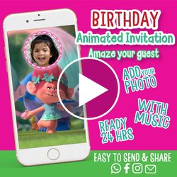 trolls party invitation, video invitation, animated invitations, party invitations, birthday invitation, trolls party