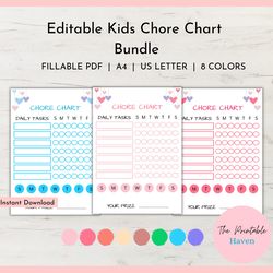 weekly kids chore chart editable, 8 colors, responsibility chart, reward chart, behavior chart, printable chore chart.