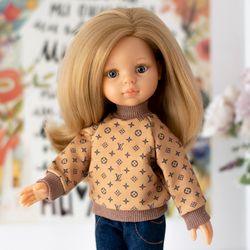 fashionable sweatshirt for paola reina doll, siblies ruby red, little darling, 13 inch doll clothes, brown doll outfit