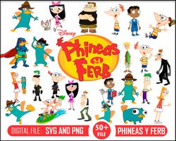 50 phineas y ferb – collection of digital file, phineas, ferb, perry, candace, layered, silhouette, cricut, png, svg, cu