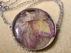 real rhododendron flower in epoxy resin pendant necklace