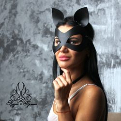 genuine leather mask, cat mask, play mask, bdsm mask, leather cat mask, whip and cake