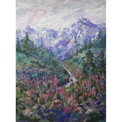 landscape with mountain flowers original acrylic painting 16 x 12" impressionism art signed by artist marina chuchko