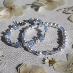 Blue And Silver Beaded Bracelets , Bracelets Set , Seed Bead Jewelry , Cute Flower Jewellery , Daisy Bracelet , Gift