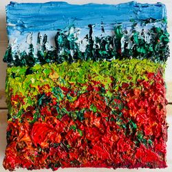 italy painting tuscany poppies field original small oil painting textured small artwork 4x4 canvas