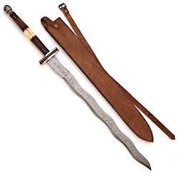 serpent's tongue damascus steel double edge sword, battle ready with sheath, best gift