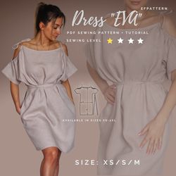 cold shoulder eva dress pdf sewing pattern, sizes xs,s,m,easy sewing pattern for beginners - pdf download sewing pattern