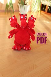 crochet pattern three-headed dragon , amigurumi dragon, tutorial dragon pattern in english