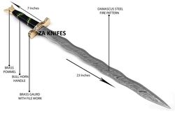 kris sword, damascus sword, engraved custom medieval real viking sword with leather sheath, gift for her,