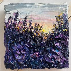 lavender field painting sunset original oil small painting purple violet texture 3d palette knife