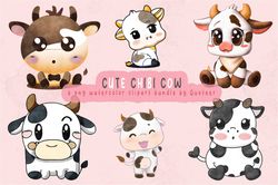 06 files for cute chibi cow png watercolor clipart digital files bundle
