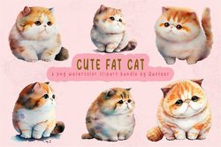 06 files of cute fat cat watercolor clipart png files for cricut bundle