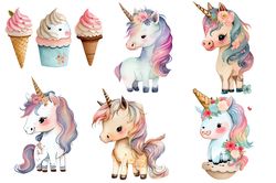 06 files for baby unicorn png watercolor clipart digital files