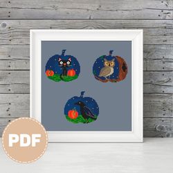 "three pumpkins" primitive halloween crossstitch pattern