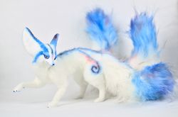 white blue kitsune, japanese spirit fox with three tails, fantasy movable poseable collectible toy