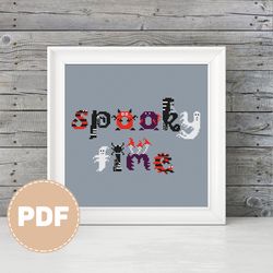 "spooky time" crossstitch pattern with a ghost