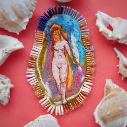 the birth of venus handmade brooch original work embroidery thread and beads art brooch for clothes gift idea for a love