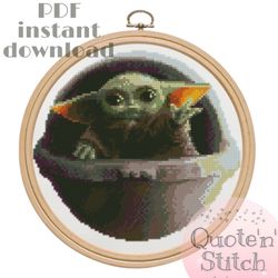 starwars cross stitch pattern, embroidery decor, instant download pdf, mandalorian baby yoday