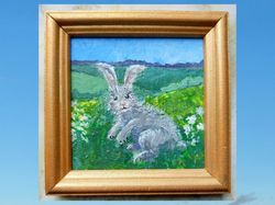 rabbit painting original acrylic miniature in a frame 10 by 10 cm