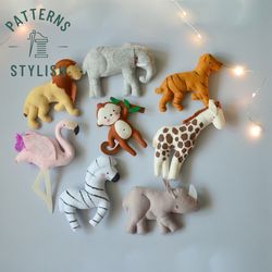 sewing animals pattern.  felt safari animals sew set, kawaii, diy decor , mobile, garland , sewing tutorial