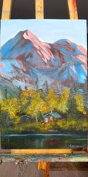 mining lake painting in the mountains picture peace of oil paints 16*25 inches lake in the forest art