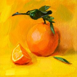 orange painting fruit art still life artwork yellow oil painting small 8 by 8 inches