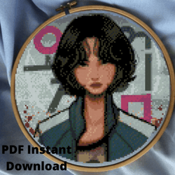 squid game cross stitch pattern, pdf instant download embroidery, netflix tv series gift