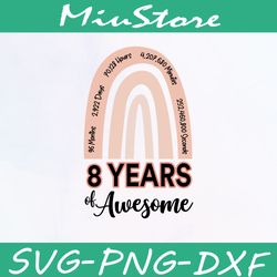 8 year awesome rainbow svg, 8th birthday svg,png,dxf,clipart,cricut