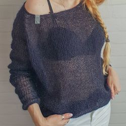 woman knitted thin soft mohair jumper dark blue with.