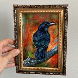 original raven acrylic painting, crow art, raven wall decor, canvas art small, crow wall decor, small framed painting