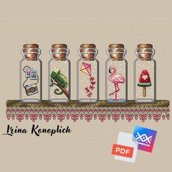 summer shelf cross stitch pattern, flamingo, chameleon, camera, ice cream, watermelon in bottle cross stitch pattern