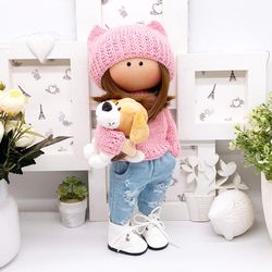 textile doll tilda with one stunning dog rag doll cloth doll handmade dolls custom baby doll art doll soft doll