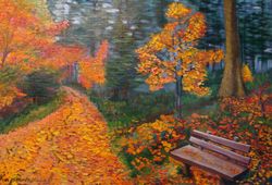 autumn oil painting wall art 15*22 inch park bench picture nature painting