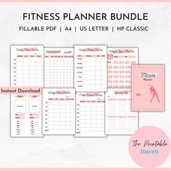 fitness planner editable, workout tracker, meal planner, grocery list, body measurements, a4, letter, hp classic.